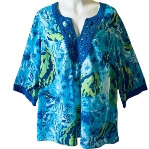 Jones New York Signature Plus 3X Blue Green Crochet Trim Cotton Tunic Top